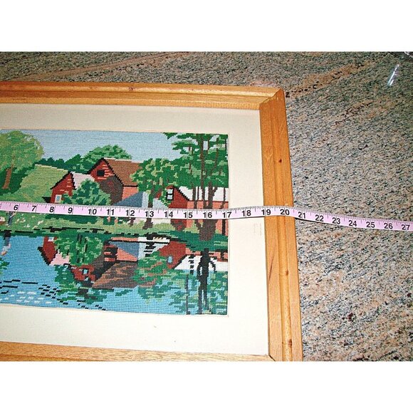 Vintage Farmhouse On The Lake Needlepoint Cross Stitch Matted and Framed 20x17" - Picture 6 of 8